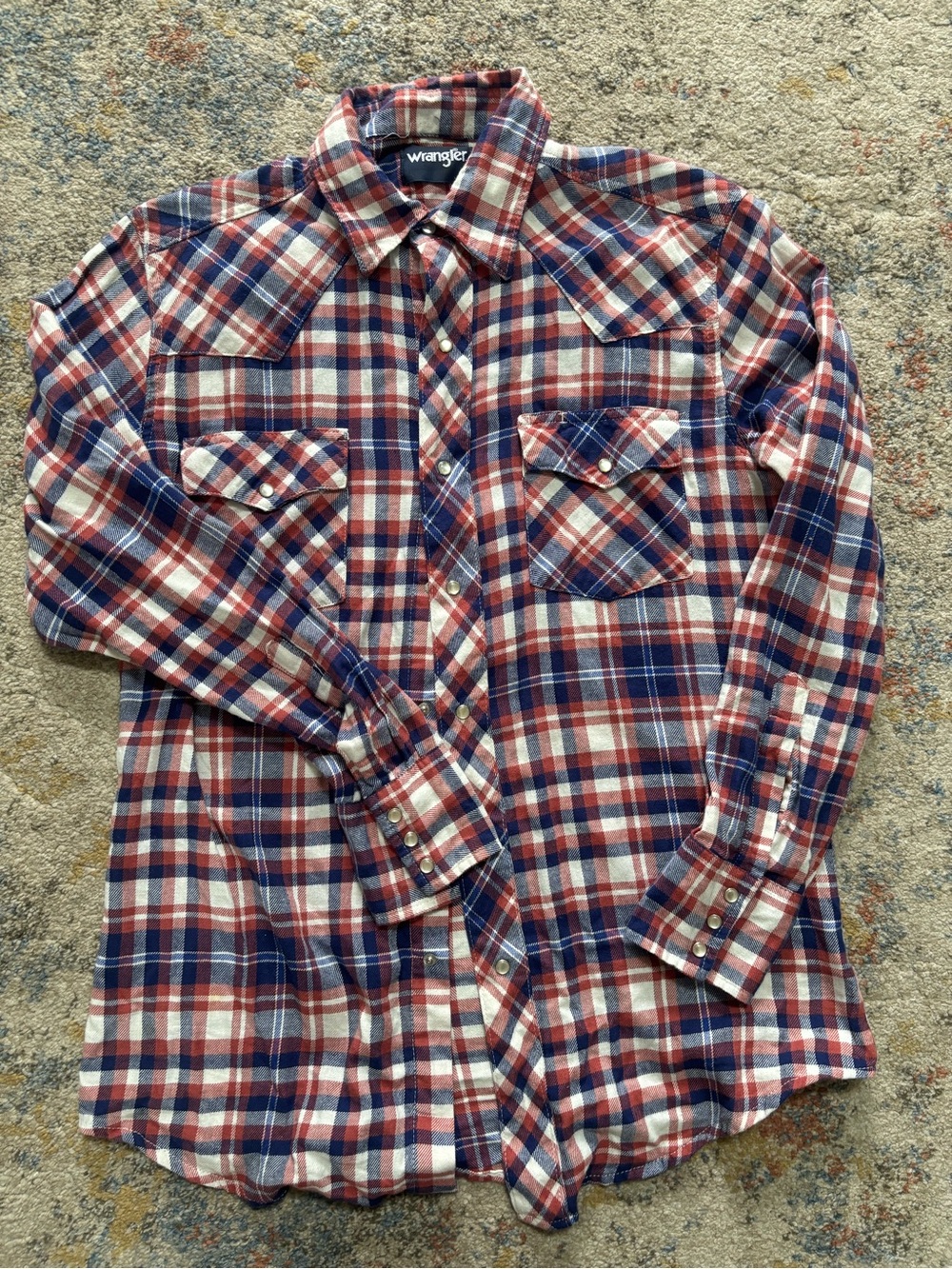 Wrangler Men's Red, Blue & White Plaid Button-Down Shirt